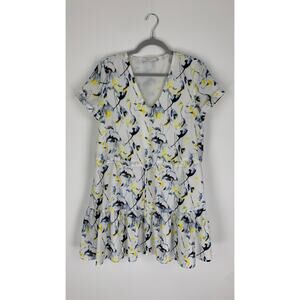 FRNCH Floral Dress Drawstring Waist Womens Medium Yellow Short Sleeve